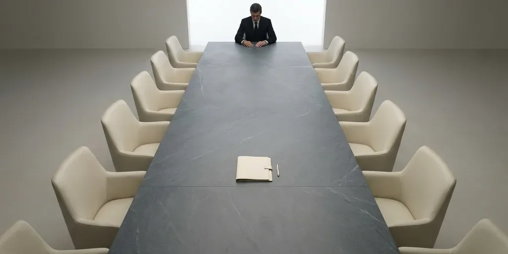 Persoon alleen aan het hoofd van een lange minimalistische vergadertafel, omringd door lege stoelen, met één document in het midden.