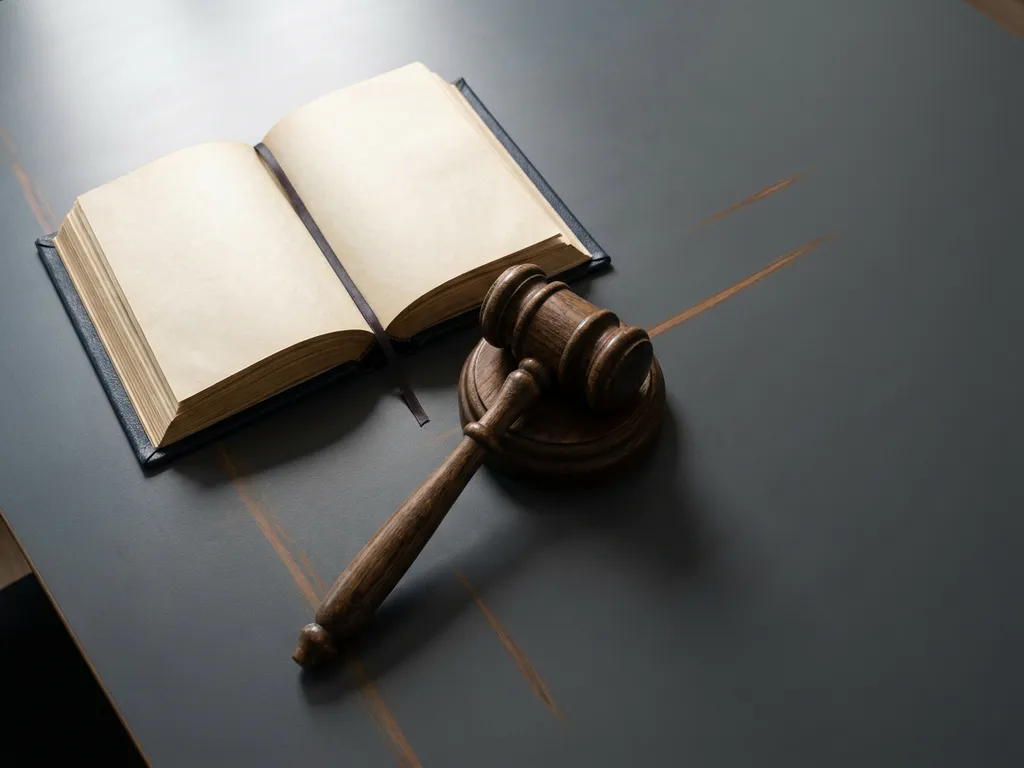Houten rechtershamer op donkere vergadertafel naast een opengeslagen governance-document, minimalistisch bovenaanzicht.