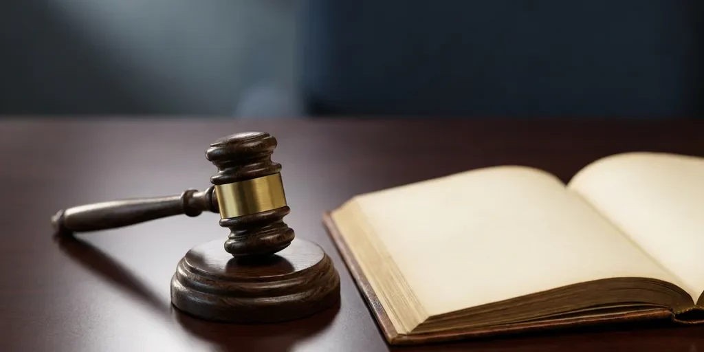 Houten rechtershamer op donkere mahonie vergadertafel naast een opengeslagen leren document, zacht directioneel licht.