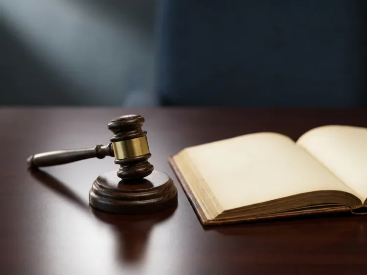 Houten rechtershamer op donkere mahonie vergadertafel naast een opengeslagen leren document, zacht directioneel licht.