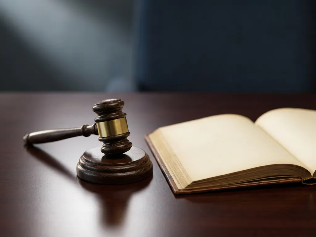 Houten rechtershamer op donkere mahonie vergadertafel naast een opengeslagen leren document, zacht directioneel licht.