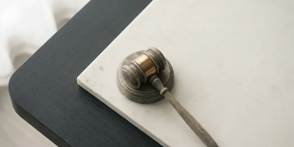 rechter-hamer-marmeren-oppervlak-onafhankelijkheid.jpg Houten rechtershamer op marmeren ondergrond, symboliseert juridische onafhankelijkheid, minimalistische compositie in ivoor en houtskool tinten.