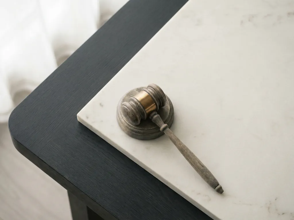 Houten rechtershamer op marmeren ondergrond, symboliseert juridische onafhankelijkheid, minimalistische compositie in ivoor en houtskool tinten.