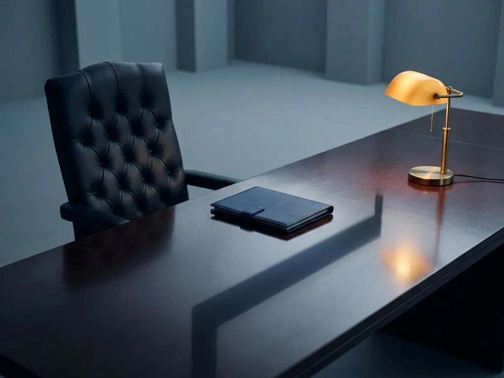 Lege leren bestuursstoel aan hoofd van gepolijste vergadertafel met gesloten dossier, sfeervol verlicht door amberkleurige bureaulamp.