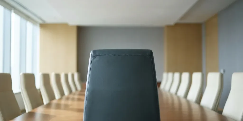 leren-directiestoel-vergadertafel-autoriteit.jpg Lederen directeursstoel aan het hoofd van een lange gepolijste vergadertafel, lege stoelen vervagen naar de achtergrond in grijze en ivoorkleurige tinten.
