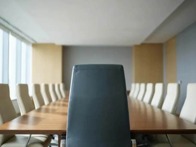 Lederen directeursstoel aan het hoofd van een lange gepolijste vergadertafel, lege stoelen vervagen naar de achtergrond in grijze en ivoorkleurige tinten.