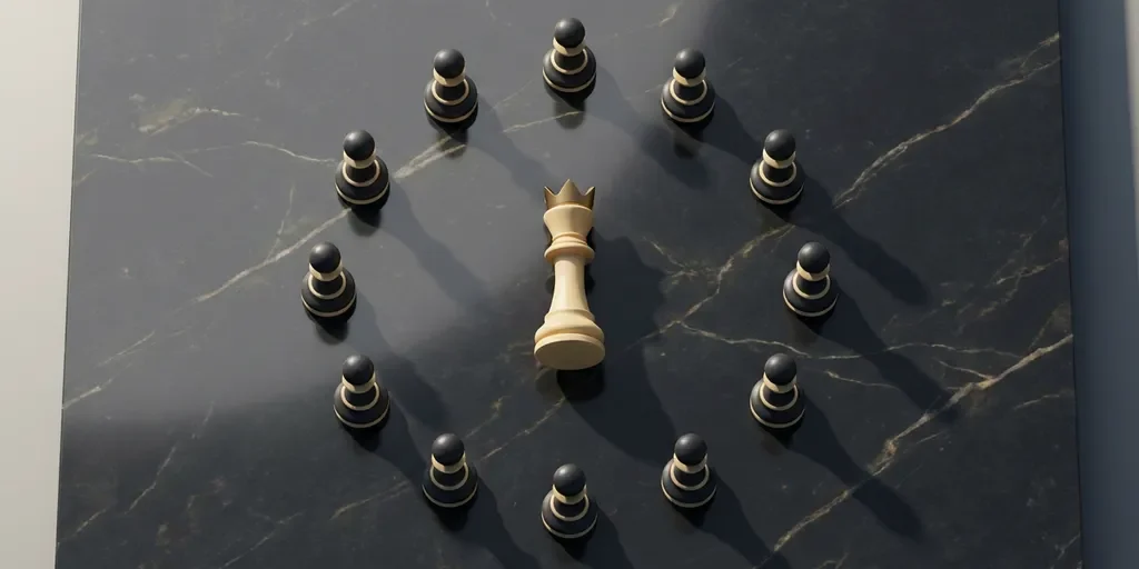 Ivoren schaakkoning omringd door een perfecte ring van pionnen op donker marmeren oppervlak, minimalistisch bovenaanzicht.
