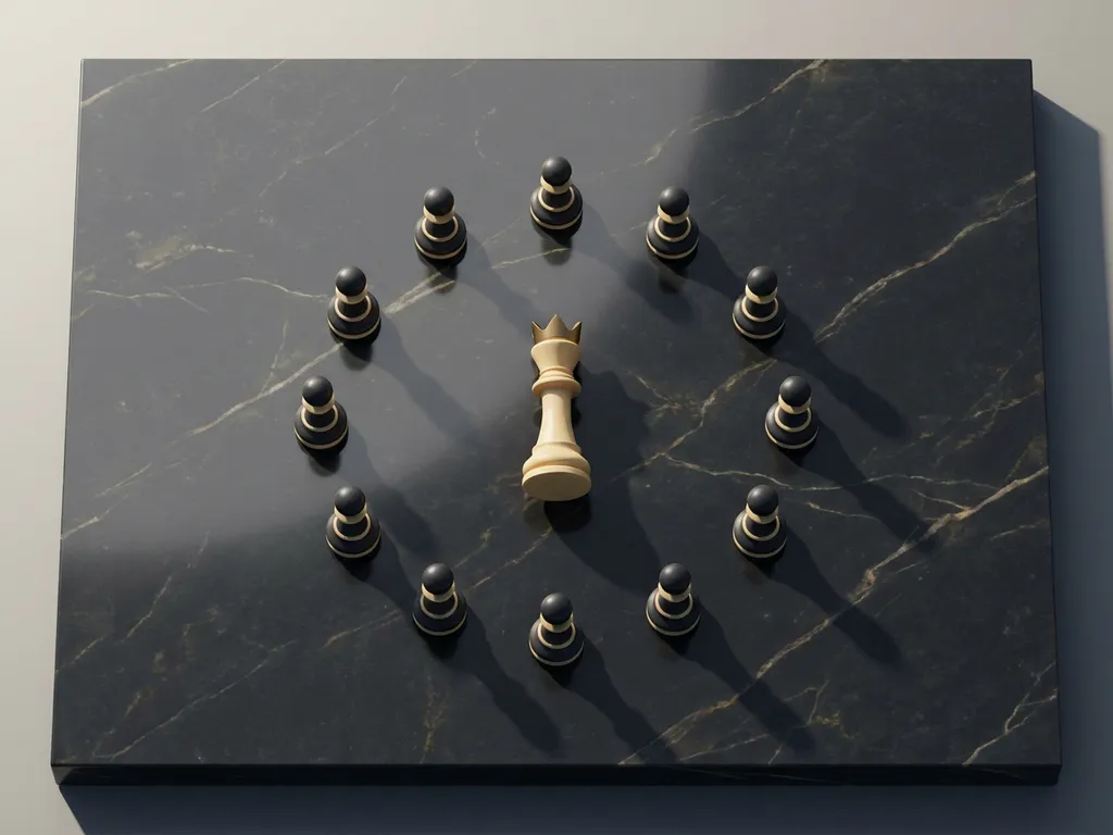 Ivoren schaakkoning omringd door een perfecte ring van pionnen op donker marmeren oppervlak, minimalistisch bovenaanzicht.