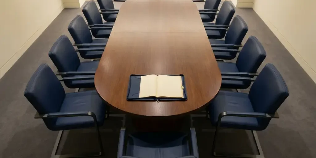 bestuursvergadering-lege-stoelen-dossier-tafel.jpg Ovale vergadertafel van bovenaf met lege leren stoelen en een opengeslagen dossier in het midden, minimalistische boardroom.