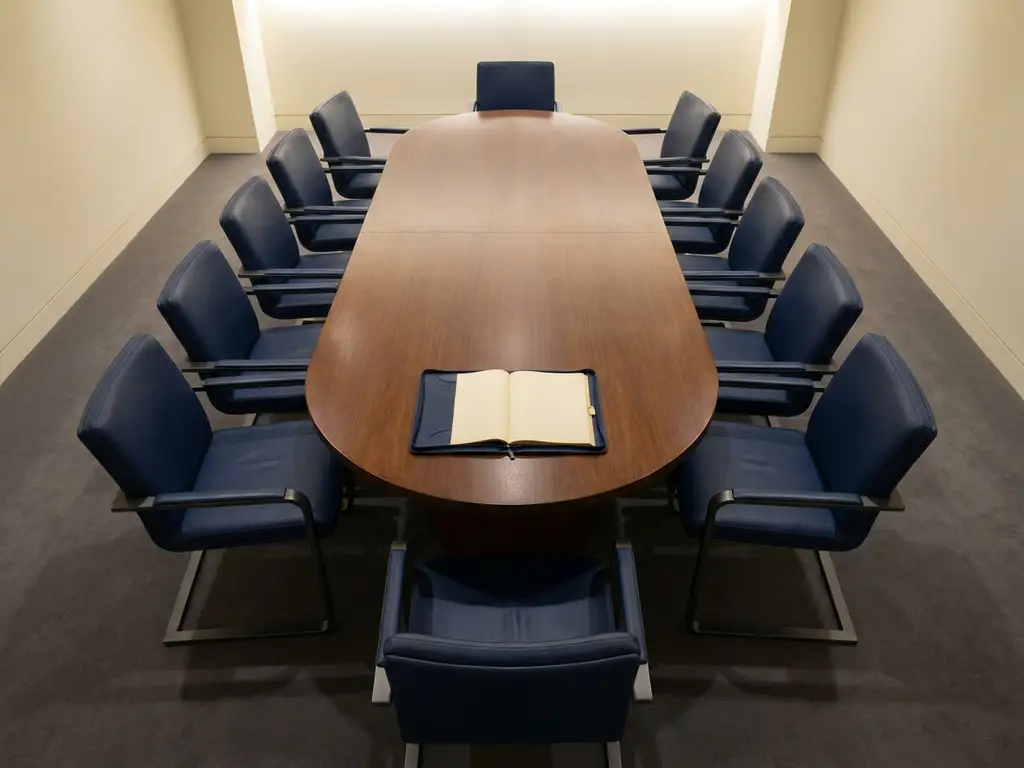 Ovale vergadertafel van bovenaf met lege leren stoelen en een opengeslagen dossier in het midden, minimalistische boardroom.