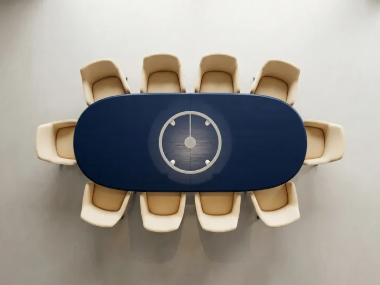 Ovale vergadertafel van bovenaf met acht symmetrisch geplaatste stoelen in crème en marineblauw tinten, verlicht door één spotlight.