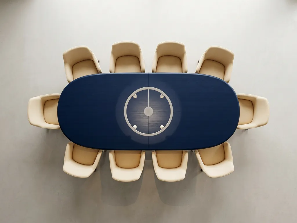 Ovale vergadertafel van bovenaf met acht symmetrisch geplaatste stoelen in crème en marineblauw tinten, verlicht door één spotlight.